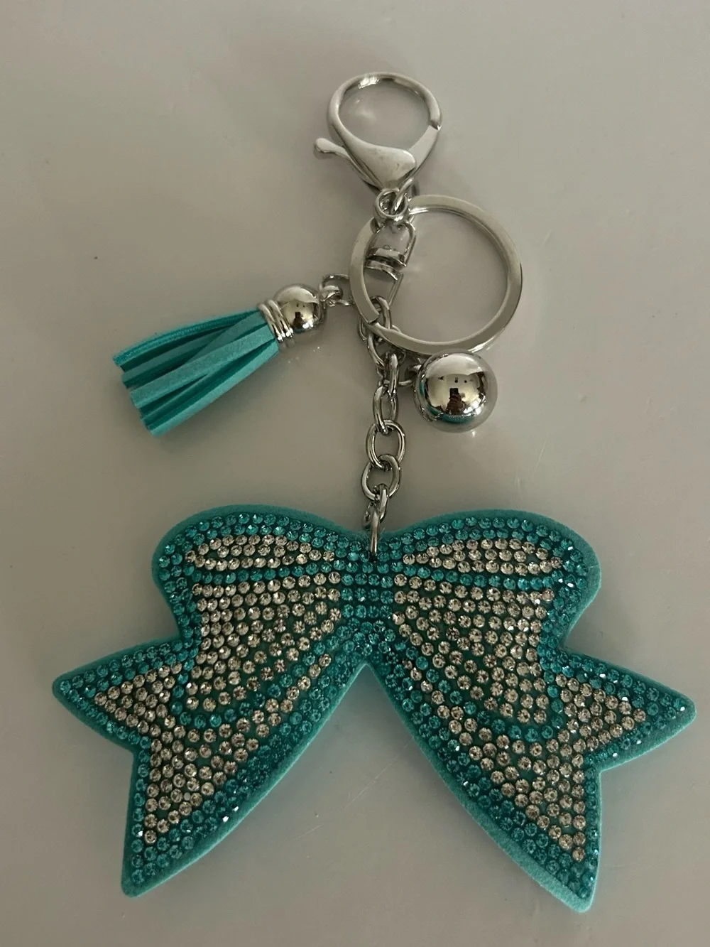 Aqua Rhinestone Bow Bag Charm Keychain Purse Charm Bling Tassel Gift